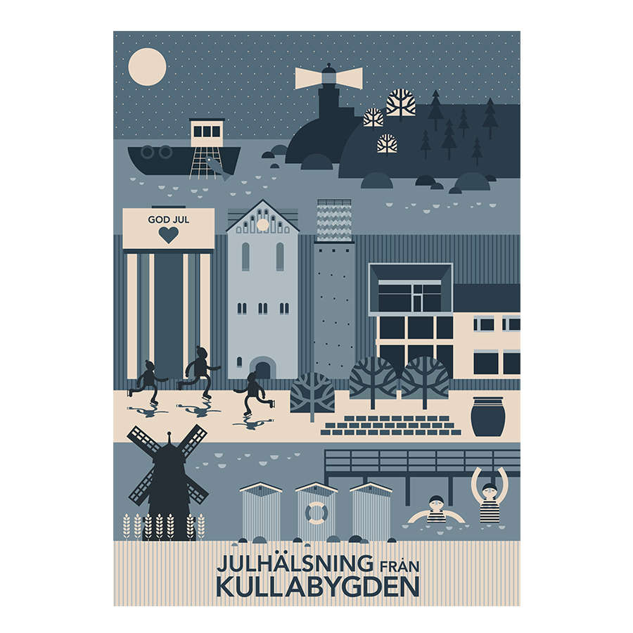 Julhälsning från Kullabygden Stad Blå Vykort A5
